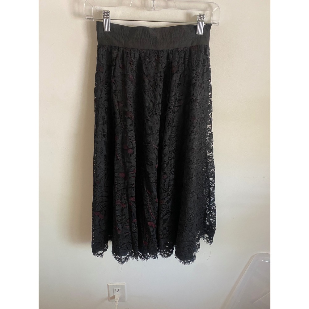 Jessica McClintock Vintage Black Lace Midi Skirt High Waisted Floral Size 4 USA